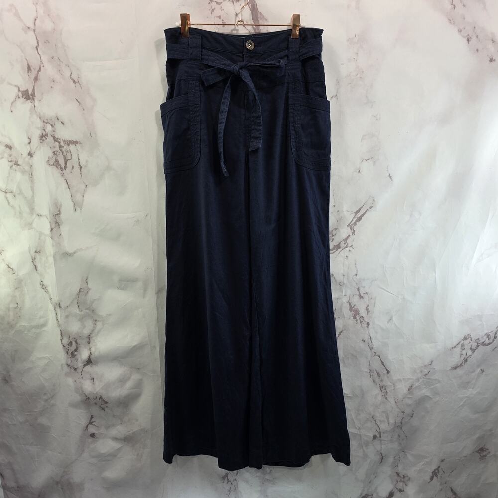 Anthropologie Pants Womens 27 Blue Linen Wide Leg High Rise Navy Tie Chambray